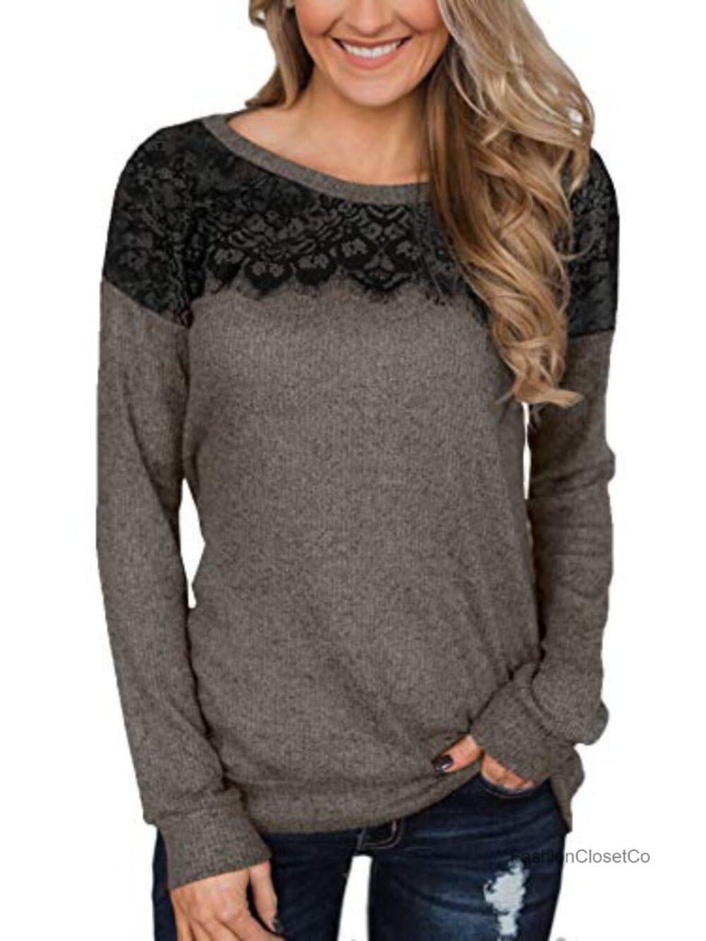 Women's Long Sleeve Lace Crewneck Sweatshirt Top Casual Dressy Fall Winter